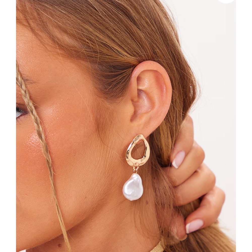 Gold Textured Pearl Drop Statement Earrings